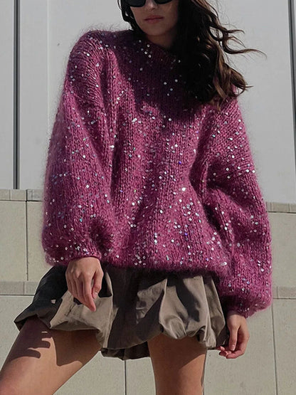 Pull À Col Rond Avec Paillettes Et Manches Lanterne Pour Femme | Idéal Pour Saison Froide