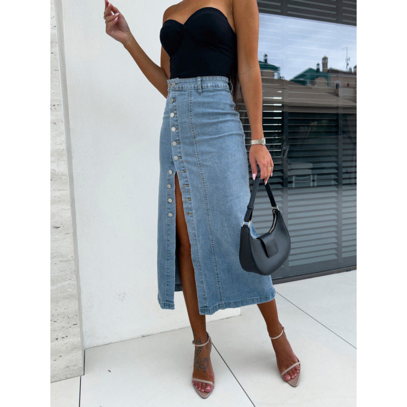 Jupe Midi En Denim Avec Fente Latérale Et Détails Boutons Pour Femme | Idéale Pour Le Quotidien Et Le Travail