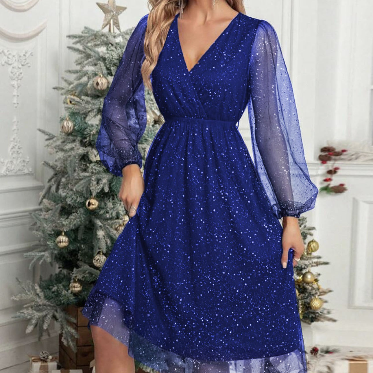 Robe Midi à Paillettes avec Manches Bouffantes Transparentes pour Femme | Idéale pour Soirées et Cérémonies