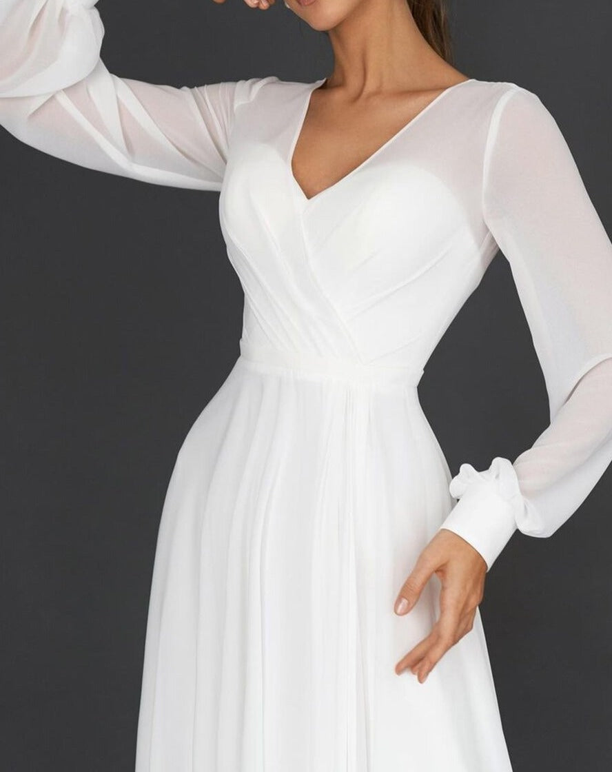 Robe Midi Blanche Avec Manches Longues Transparentes Et Décolleté En Cœur Pour Femmes | Adaptée Aux Tenues Formelles