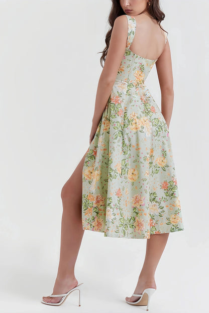 Robe Midi Fendue à Imprimé Floral Vert pour Femme | Idéale pour l’Été ou une Sortie Décontractée