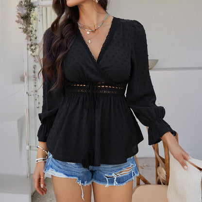 Blouse Avec Col En V, Manches Bouffantes Et Taille À Nouer Pour Femme | Idéale Pour Les Tenues Quotidiennes Et Les Sorties