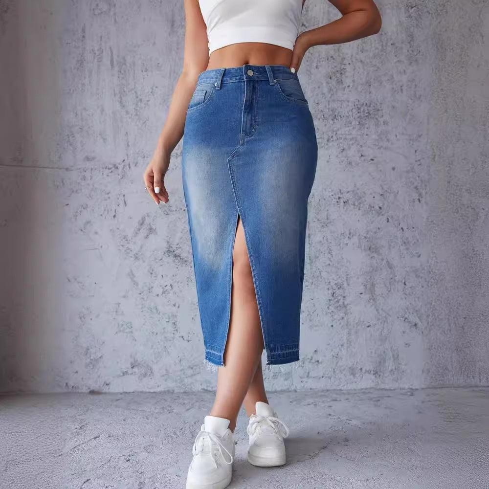 Jupe Midi En Denim Avec Fente Latérale Et Ourlet Effiloché Pour Femme | Idéale Pour Le Quotidien Et Les Sorties Planifiées