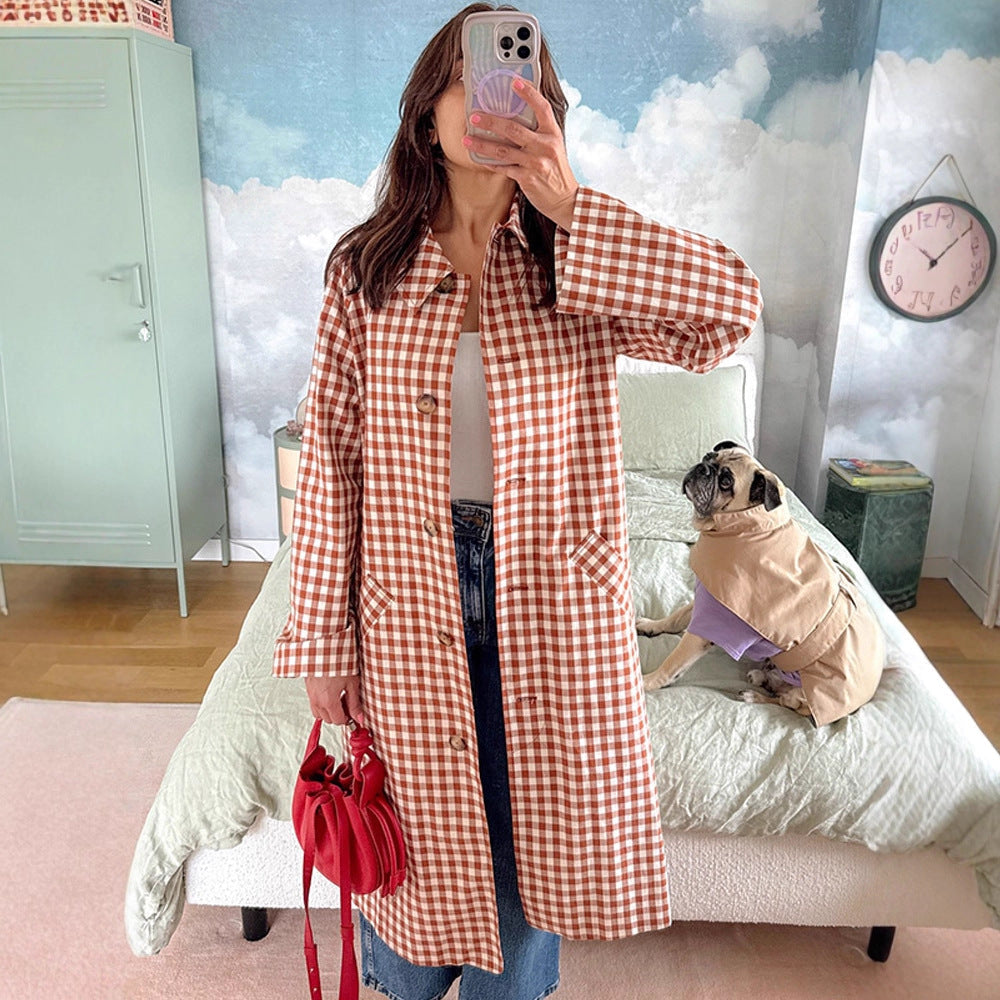 Trench-Coat à Motif Carreaux avec Poches Plaquées pour Femmes | Ideal for Mi-Saison et Usage Quotidien