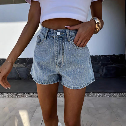 Short Taille Haute À Rayures Avec Coupe Droite Pour Femmes | Idéal Pour Saison Chaude