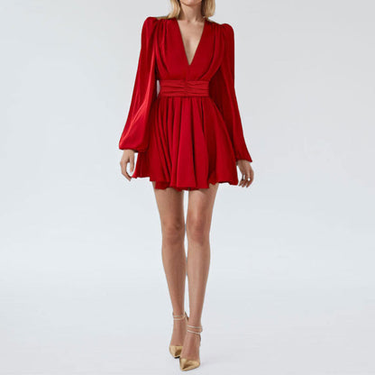 Robe Mini Avec Décolleté En V Et Manches Volumineuses Pour Femmes | Idéale Pour Les Sorties Et Occasions