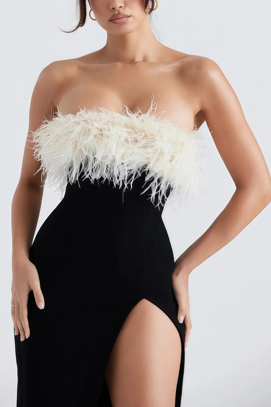 Robe Midi avec Fente Haute et Détails Plume pour Femme | Idéale pour les Soirées et Événements