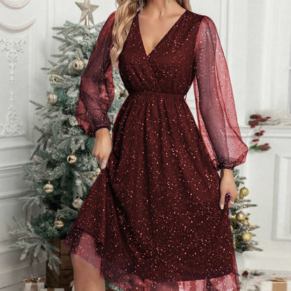 Robe Midi à Paillettes avec Manches Bouffantes Transparentes pour Femme | Idéale pour Soirées et Cérémonies