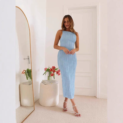 Robe Midi Sans Manches Avec Dos Ouvert Et Texture Ondulée Pour Femmes | Idéal Pour Soirées Et Occasions Spéciales