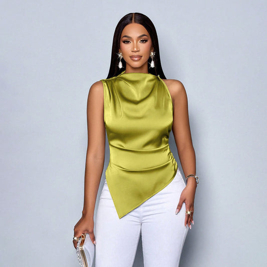 Top Sans Manches Slim Fit Avec Col Haut Et Ourlet Asymétrique Pour Femme | Idéal Pour Usage Quotidien