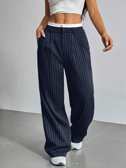 Pantalon Large À Rayures Verticales Avec Taille Élastiquée Pour Femme | Idéal Pour Tenues Quotidiennes