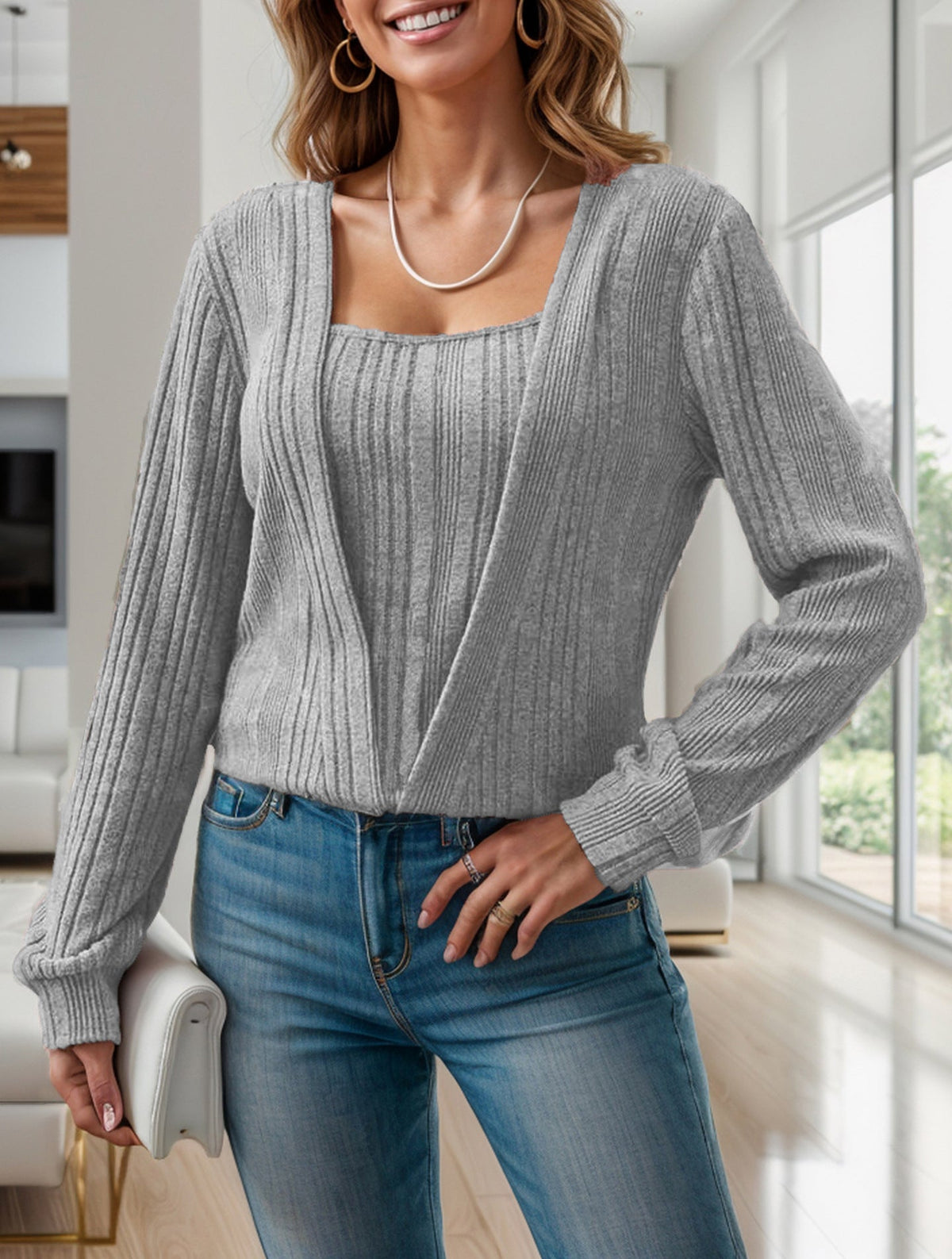Pull Effet 2-En-1 À Col Carré Et Manches Longues Pour Femme | Idéal Pour Usage Quotidien Et Occasions