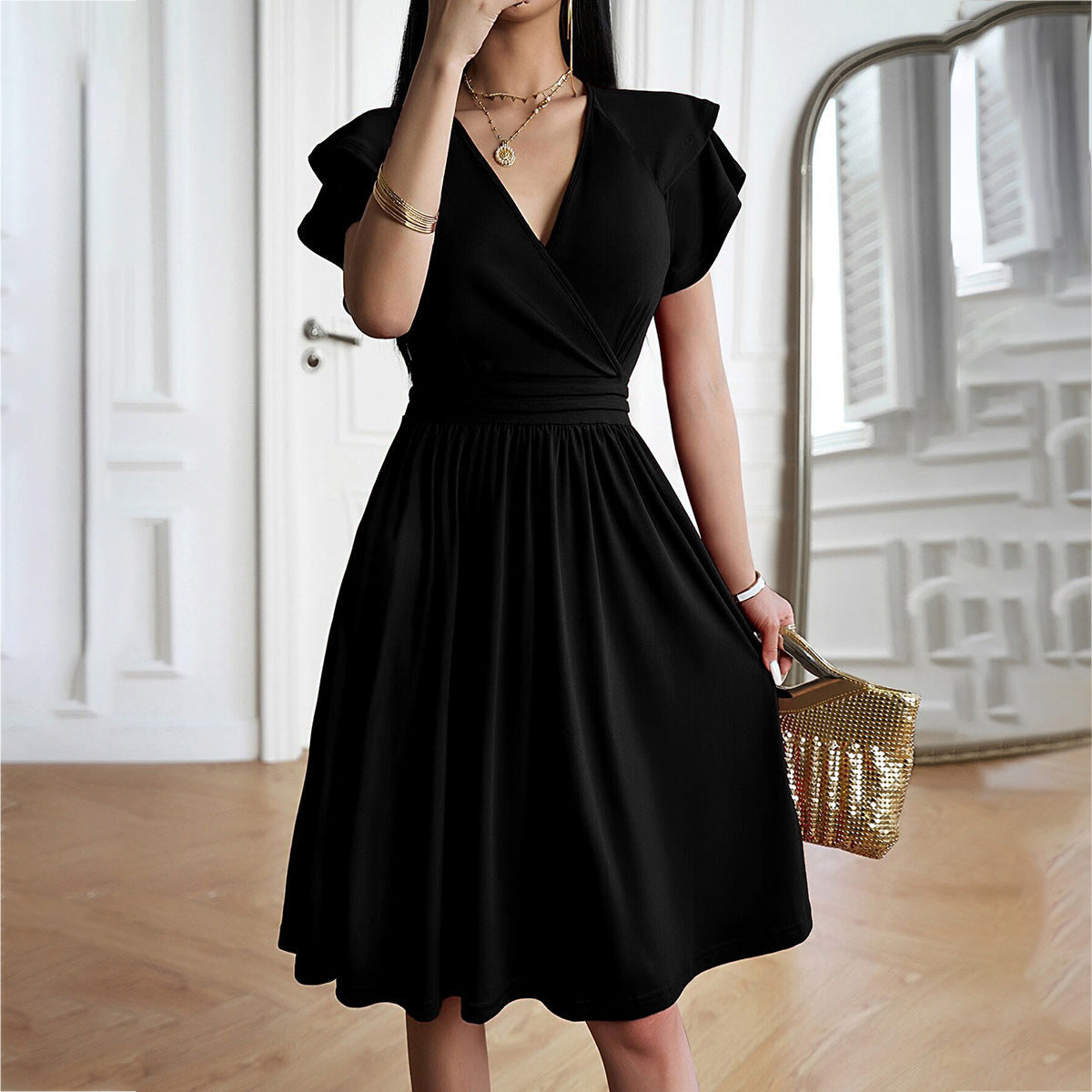 Robe à Col V avec Jupe Trapèze Longueur Genou pour Femme | Idéale pour Quotidien et Sorties