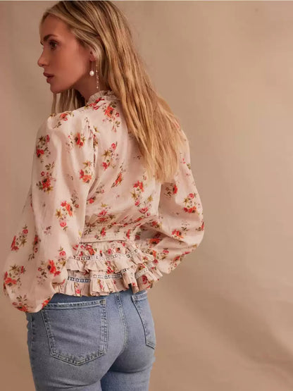 Blouse Fleurie Avec Col En V, Volants Et Taille Ajustable Pour Femme | Idéale Pour Les Tenues Quotidiennes Et Les Occasions