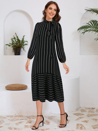 Robe Midi avec Détail Nœud et Manches Longues pour Femmes | Idéale pour les Occasions Formelles et Quotidiennes