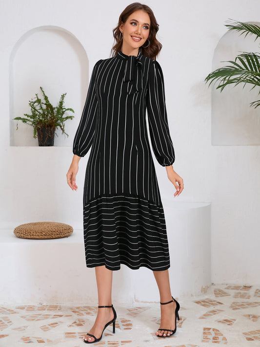 Robe Midi avec Détail Nœud et Manches Longues pour Femmes | Idéale pour les Occasions Formelles et Quotidiennes