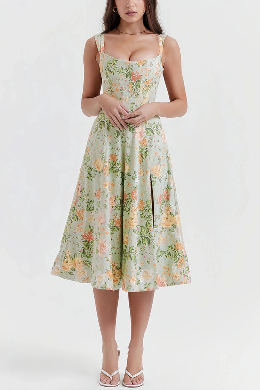 Robe Midi Fendue à Imprimé Floral Vert pour Femme | Idéale pour l’Été ou une Sortie Décontractée