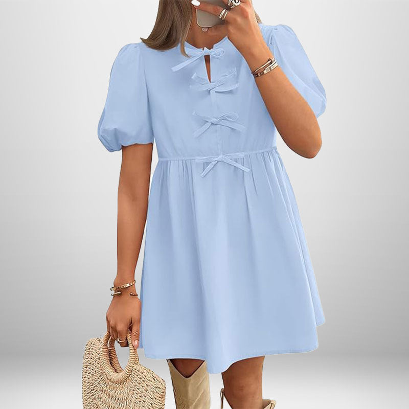 Robe Courte À Manches Bouffantes Et Détails Nœud Pour Femme | Idéale Pour Sorties Et Occasions