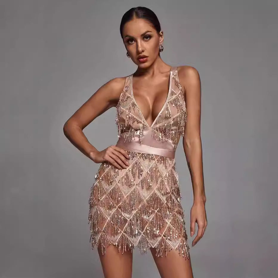Robe Midi à Paillettes et Franges avec Col en V pour Femmes | Idéale pour les Soirées et Événements