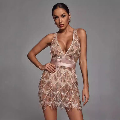 Robe Midi à Paillettes et Franges avec Col en V pour Femmes | Idéale pour les Soirées et Événements