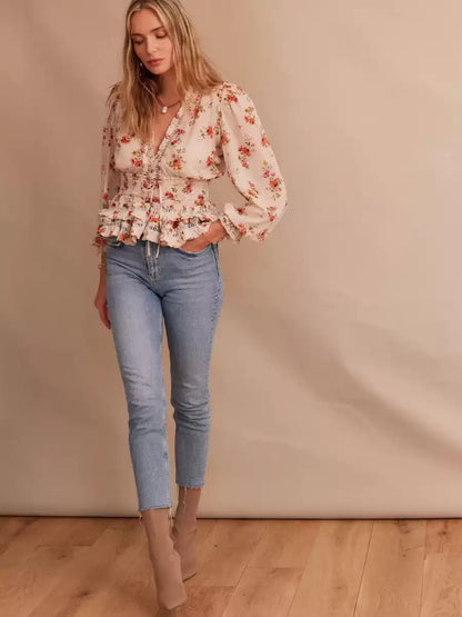 Blouse Fleurie Avec Col En V, Volants Et Taille Ajustable Pour Femme | Idéale Pour Les Tenues Quotidiennes Et Les Occasions