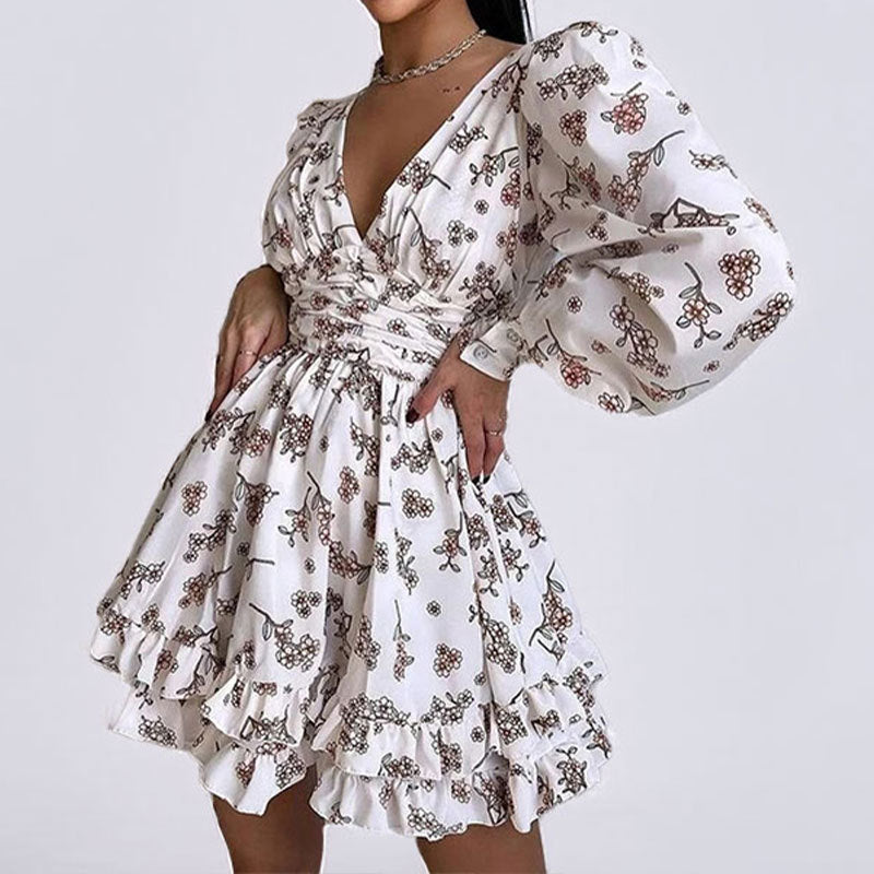 Robe Courte À Manches Amples Avec Motif Floral Et Col V Pour Femme | Idéale Pour Occasions Et Sorties