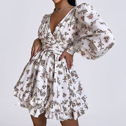 Robe Courte À Manches Amples Avec Motif Floral Et Col V Pour Femme | Idéale Pour Occasions Et Sorties