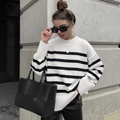 Pull à Rayures avec Encolure Ronde et Coupe Ample pour Femme | Idéal pour un Usage Quotidien