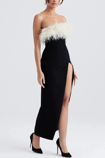 Robe Midi avec Fente Haute et Détails Plume pour Femme | Idéale pour les Soirées et Événements