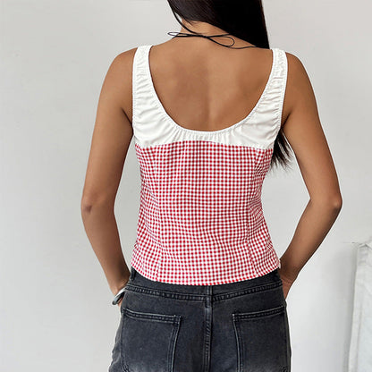 Tank Top Sans Manches À Motif Vichy Et Détail Noué Pour Femme | Idéal Pour Saison Printemps Et Été
