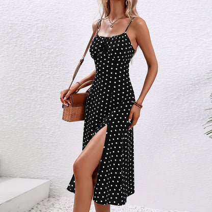 Robe Midi à Imprimé Pois avec Fines Bretelles et Fente Latérale pour Femme | Idéale pour Usage Quotidien et Événements