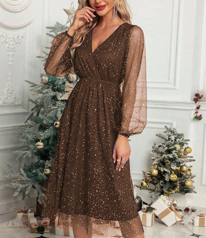 Robe Midi à Paillettes avec Manches Bouffantes Transparentes pour Femme | Idéale pour Soirées et Cérémonies