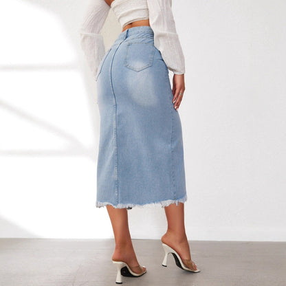 Jupe Midi En Denim Avec Fente Haute Et Ourlet Effiloché Pour Femme | Idéale Pour Le Quotidien Et Les Sorties Planifiées