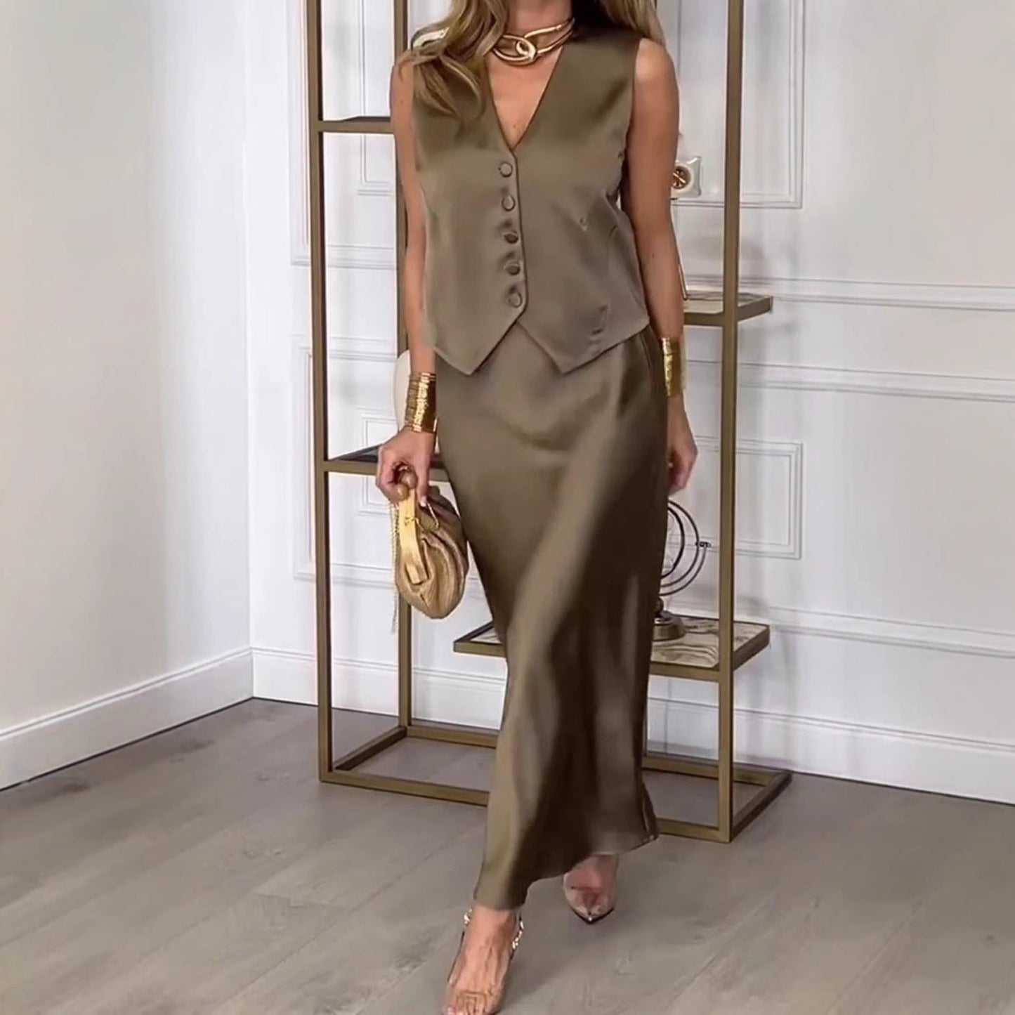 Ensemble Gilet Sans Manches et Jupe Midi Coupe Ajustée Pour Femme | Idéal Pour Occasions et Événements