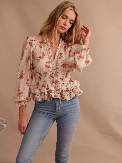 Blouse Fleurie Avec Col En V, Volants Et Taille Ajustable Pour Femme | Idéale Pour Les Tenues Quotidiennes Et Les Occasions