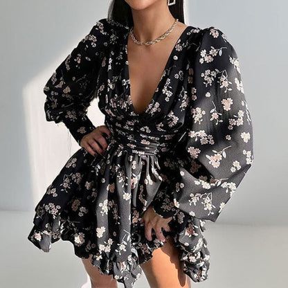 Robe Courte À Manches Amples Avec Motif Floral Et Col V Pour Femme | Idéale Pour Occasions Et Sorties