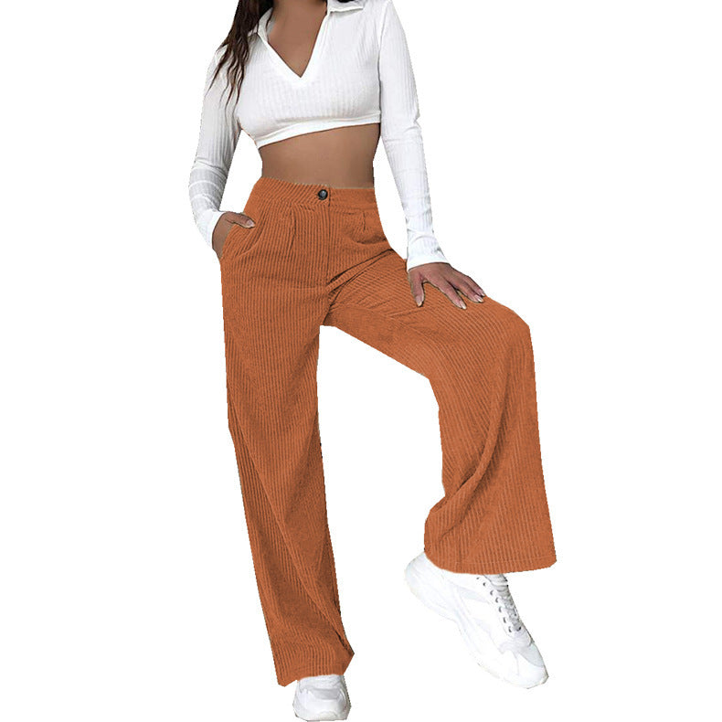 Pantalon en Velours Côtelé avec Taille Haute et Coupe Large pour Femme | Idéal pour Quotidien et Sorties