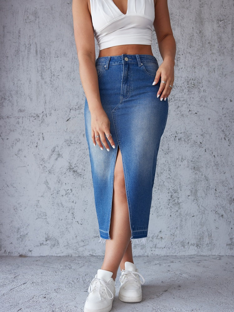 Jupe Midi En Denim Avec Fente Latérale Et Ourlet Effiloché Pour Femme | Idéale Pour Le Quotidien Et Les Sorties Planifiées