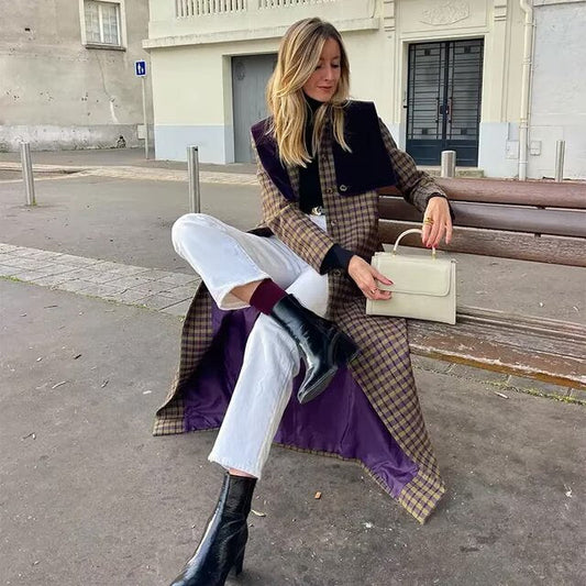 Trench-Coat à Motif Carreaux avec Poches Plaquées pour Femmes | Ideal for Mi-Saison et Usage Quotidien