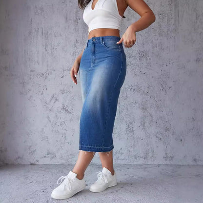 Jupe Midi En Denim Avec Fente Latérale Et Ourlet Effiloché Pour Femme | Idéale Pour Le Quotidien Et Les Sorties Planifiées