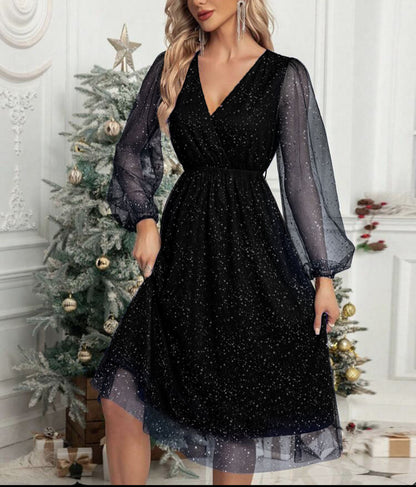 Robe Midi à Paillettes avec Manches Bouffantes Transparentes pour Femme | Idéale pour Soirées et Cérémonies