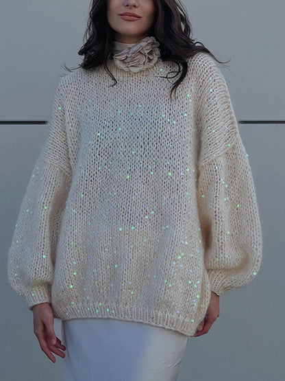 Pull À Col Rond Avec Paillettes Et Manches Lanterne Pour Femme | Idéal Pour Saison Froide