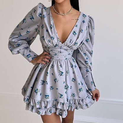 Robe Courte À Manches Amples Avec Motif Floral Et Col V Pour Femme | Idéale Pour Occasions Et Sorties