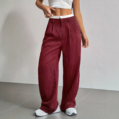 Pantalon Large À Rayures Verticales Avec Taille Élastiquée Pour Femme | Idéal Pour Tenues Quotidiennes