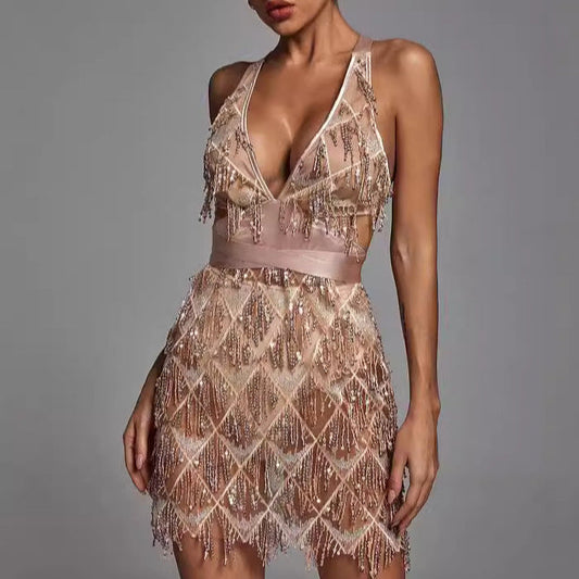 Robe Midi à Paillettes et Franges avec Col en V pour Femmes | Idéale pour les Soirées et Événements