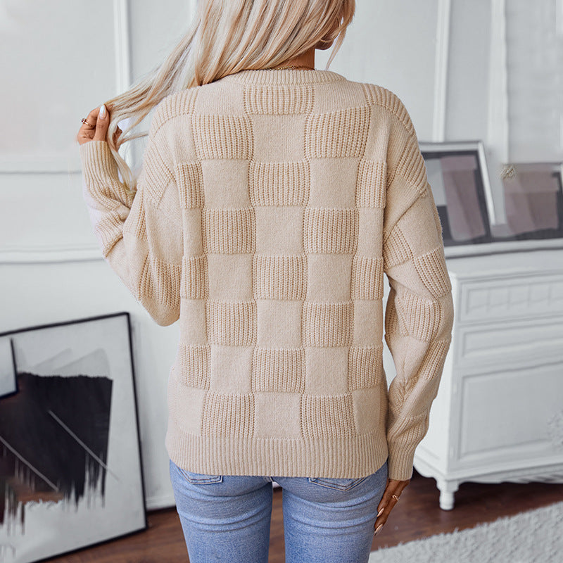 Pull Pullover À Motif Carreaux Col Rond Coupe Ample Pour Femme | Idéal Pour Usage Quotidien Et Voyage