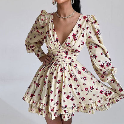 Robe Courte À Manches Amples Avec Motif Floral Et Col V Pour Femme | Idéale Pour Occasions Et Sorties
