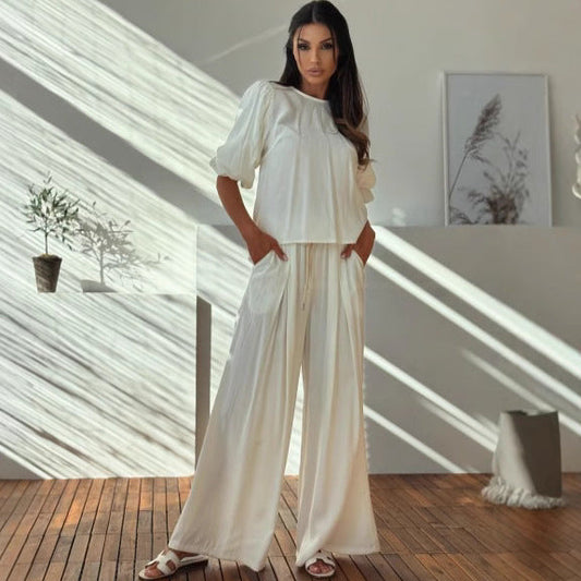 Ensemble Deux Pièces avec T-Shirt À Nœud Dans Le Dos Et Pantalon Large À Poches pour Femme | Idéal pour Le Printemps Et L’Été