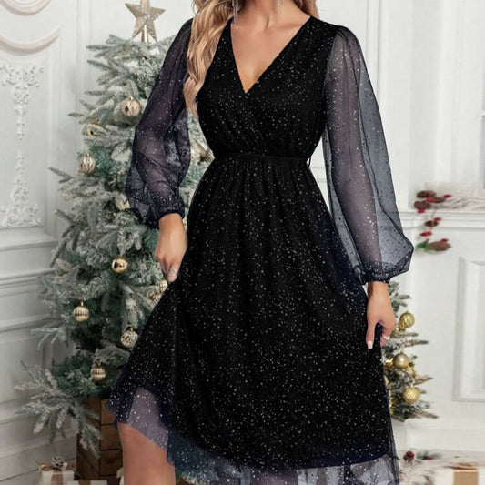 Robe Midi à Paillettes avec Manches Bouffantes Transparentes pour Femme | Idéale pour Soirées et Cérémonies