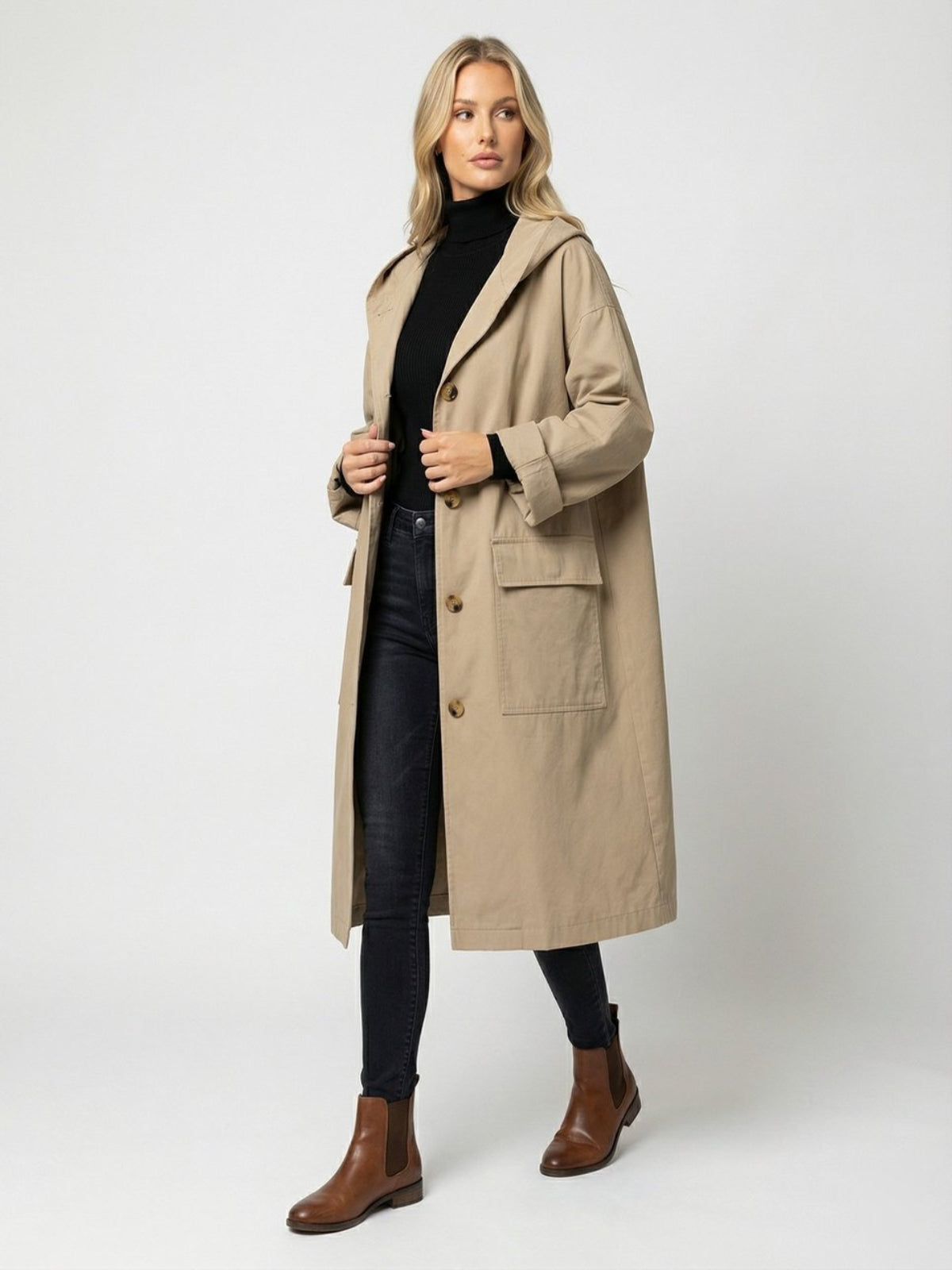 Trench-coat avec capuche et fermeture boutonnée pour femme | Idéal pour l'automne